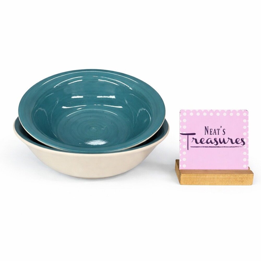 Dover & York DYO1 CIRCLES Rings Swirl Aqua Stoneware Cereal Soup Bowls Set of 2